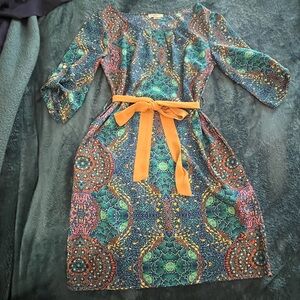 Ezra Multicolor 3/4 Sleeve Dress with Yellow Belt Tie size M